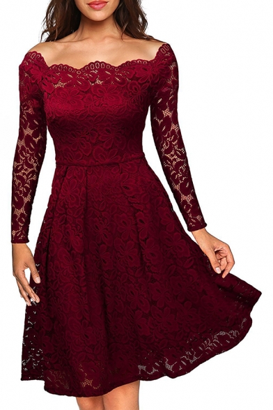 Novelty Womens Dress Lace Scalloped off Shoulder Long Sleeve Slim Fitted Knee Length A-Line Dress