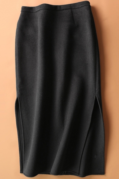 Retro Womens Skirt Solid Color Zipper Fly Woolen Side Split Hem High Rise Midi Bodycon Skirt