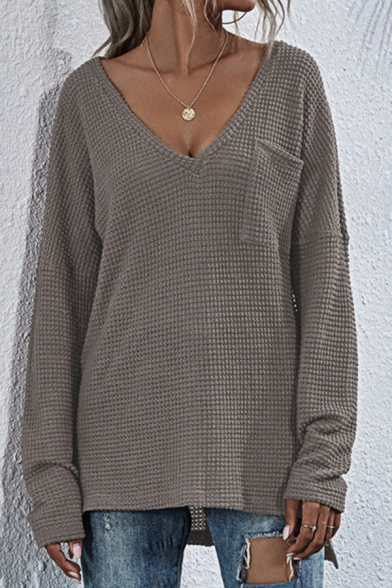 Retro Womens Sweater Solid Color Chest Pocket Split Hem Long Sleeve Regular Fitted Deep V Neck Sweater