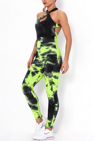 Sporty Women's Active Jumpsuit Tie Dye Pattern Quilted Halter Neck Backless Sleeveless Slim Fitted Jumpsuit