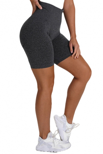Sporty Women's Shorts Heathered Contrast Stitching High Elastic Waist Slim Fitted Short