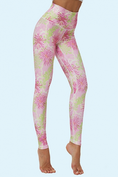 Stylish Women's Leggings Leaf Floral Painted High Waist Ankle Length Skinny Leggings