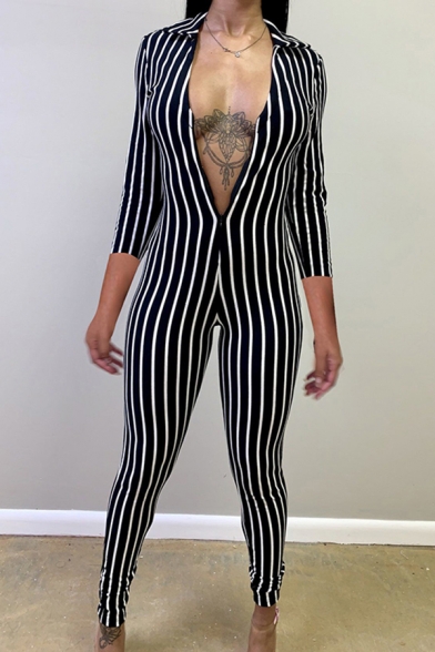 Stylish Women's Rumpers Stripe Pattern Zip Fly Spread Collar Long-sleeved Slim Fitted Rumpers