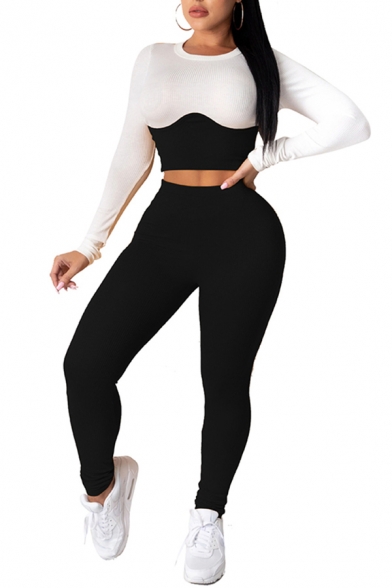 Trendy Women's Co-ords Contrast Panel Color Block Crew Neck Long-sleeved Slim Fitted Tee Top with Long Pants Set