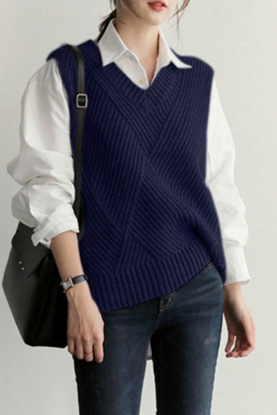 Trendy Women's Sweater Vest Solid Color Ribbed Knit V Neck Sleeveless Regular Fitted Sweater Vest