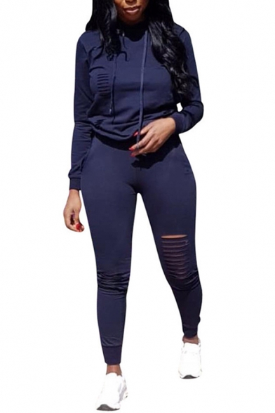Unique Womens Co-ords Solid Color Long Sleeve Hoodie Ankle Length Tapered Pants Slim Fit Jogger Co-ords