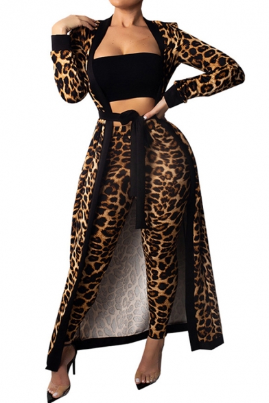 Womens Co-ords Fashionable Leopard Skin Pattern Long Sleeve Maxi Open Front Jacket Ankle Length Pants Slim Fit Co-ords with Tie-Belt