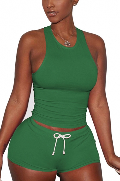 Womens Co-ords Fashionable Plain Sweat-Absorbing Ventilation Slim Fitted Shorts Crew Neck Sleeveless Tank Top Co-ords