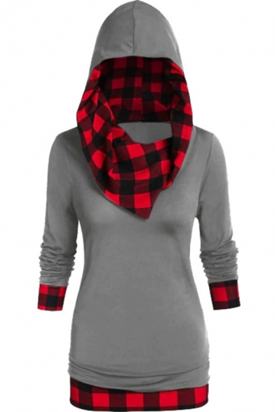 Womens Hoodie Chic Contrast Checkered Pattern Panel Tunic Slim Fitted Long Sleeve Hoodie
