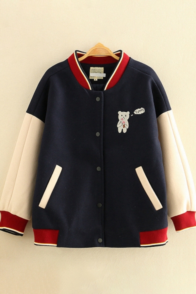 Womens Jacket Casual Bear Letter Yummy Embroidered Color Block Panel Thick Button Detail Long Sleeve Stand Collar Loose Fit Varsity Jacket