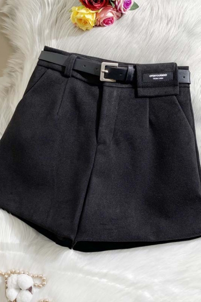 Womens Shorts Fashionable Metal-Buckle Belted Woolen Zipper Fly High Rise Regular Fitted Wide Leg Relaxed Shorts