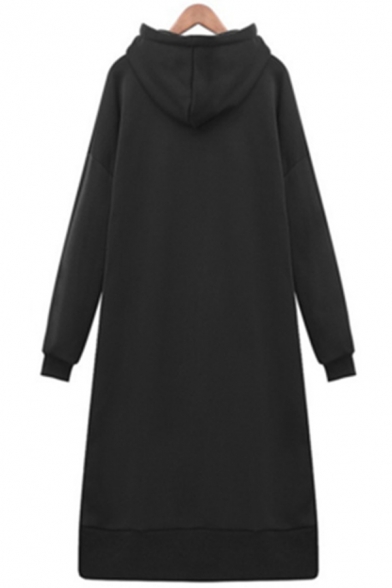 Womens Stylish Plain Long Sleeve High Low Hem Fleece Hoodie Midi Dress with Pouch Pocket