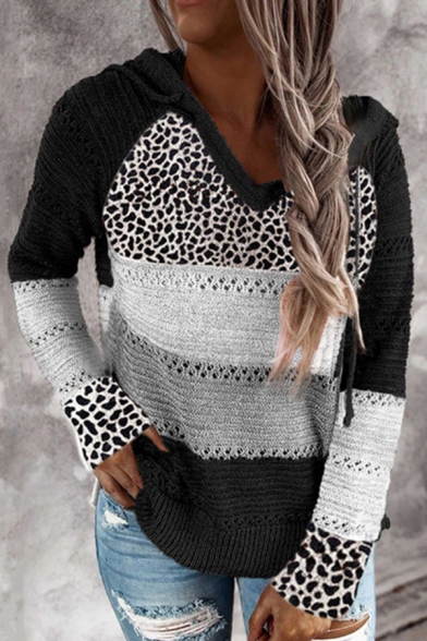 Womens Sweater Chic Color Block Leopard Skin Pattern Hooded V Neck Long Raglan Sleeve Regular Fitted Sweater