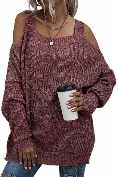 Womens Sweater Chic Side Split Hem Bottoming Loose Fitted Cold Shoulder Long Sleeve Tunic Sweater