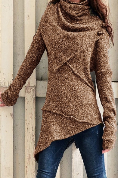 Womens Sweater Stylish Irregular Hem Long Sleeve Mid-Length Slim Fitted Cowl Collar Sweater