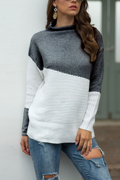 All-Match Women's Sweater Patchwork Color Block Rib Trim Rolled Hem Mock Neck Long-sleeved Regular Fitted Sweater