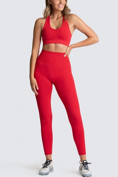 Basic Women's Yoga Set Seamless Solid Color Scoop Neck Sleeveless Cropped Slim Fitted Tank Top with High Waist Pants Co-ords