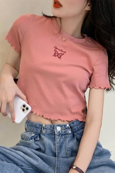 Cartoon Dinosaur Pattern Round Neck Short Sleeve Pink Crop T-Shirt For Girls