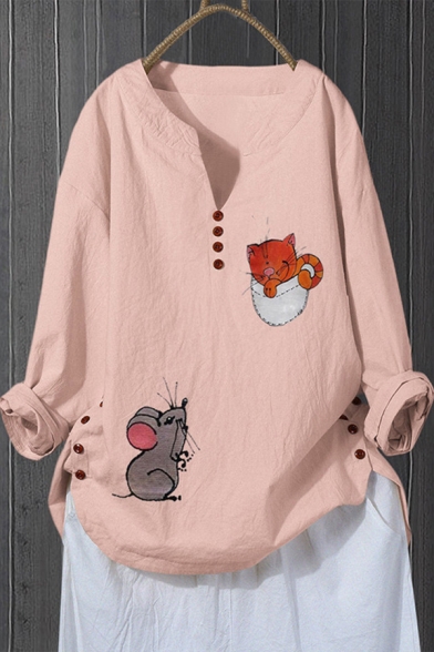 Classic Womens Shirt Cat Mouse Pocket Pattern Button Decoration Split Neck Long Sleeve Regular Fitted Pullover Shirt