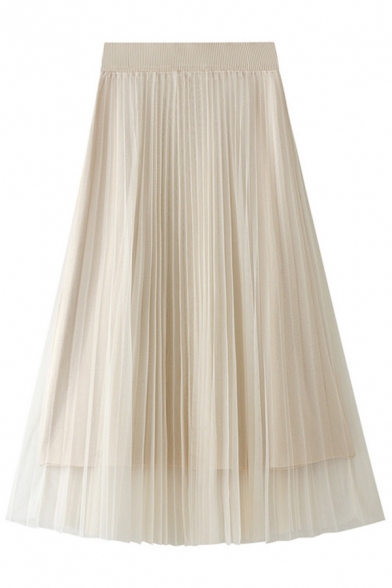 Classic Womens Skirt Plain Tulle Knitted Convertible High Elastic Rise Midi A-Line Pleated Skirt