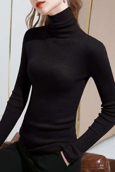 Classic Womens Sweater Plain Skin-Friendly Wool Long Sleeve Slim Fitted Turtleneck Bottoming Sweater