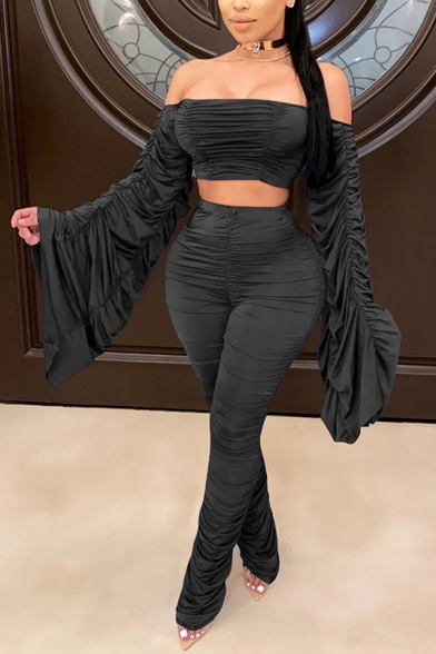 Creative Women's Set Ruched Design Solid Color off the Shoulder Long Sleeves Slim Fitted Cropped T-Shirt with High Waist Long Pants Co-ords