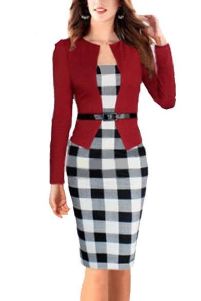 Creative Womens Dress Contrast Checkered Print Faux Twinset Knee-Length Slim Fitted Long Sleeve Bodycon Dress with Belt