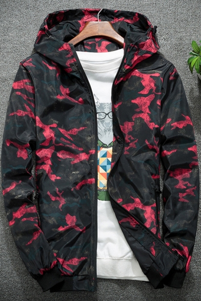 Fall Collection Camouflage Printed Long Sleeve Zip Up Hooded Coat