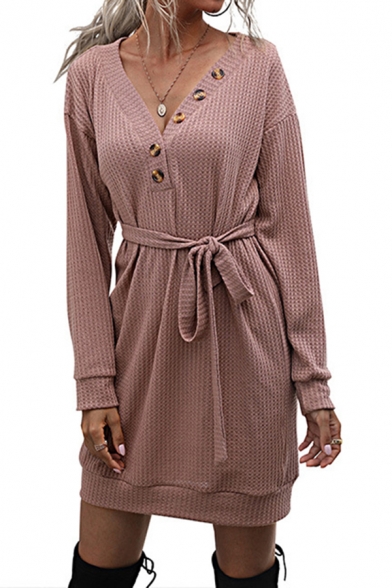 Leisure Women's Sweatshirt Dress Solid Color Button Detail Long Sleeves Regular Fitted Short Sweatshirt Dress with Belt