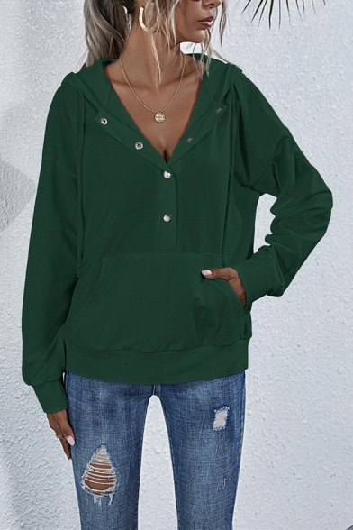 Leisure Womens Hoodie Button Detail Kangaroo Pocket Solid Color Long Sleeves Regular Fitted Drawstring Hooded Sweatshirt