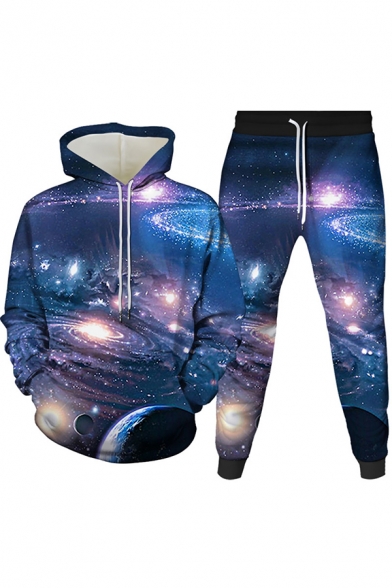 Mens Co-ords Creative 3D Galaxy Planet Pattern Slim Fitted 7/8 Length Tapered Pants Long Sleeve Hoodie Jogger Co-ords