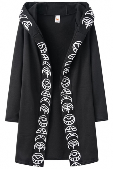 Mens Cool Fashion Punk Style Unique Printed Long Sleeve Black Longline Cloak Hoodie