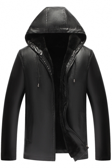 Mens Jacket Creative Fleece-Lined Drawstring Zipper down Long Sleeve Regular Fit Hooded Leather Jacket