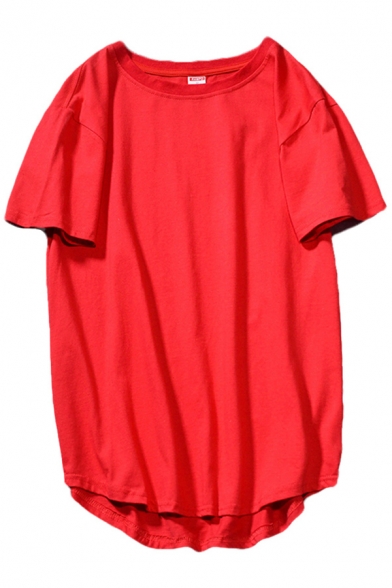 Mens T-Shirt Trendy Plain Curved Hem Crew Neck Short Sleeve Regular Fitted T-Shirt