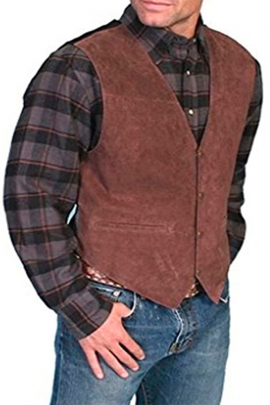 Mens Vest Creative Solid Color Woven Button Fly Sleeveless Slim Fitted V Neck Vest
