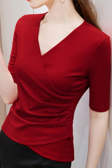Popular Tee Top Wrapped Solid Color Asymmetrical V Neck Half Sleeves Slim Fitted T-Shirt for Women