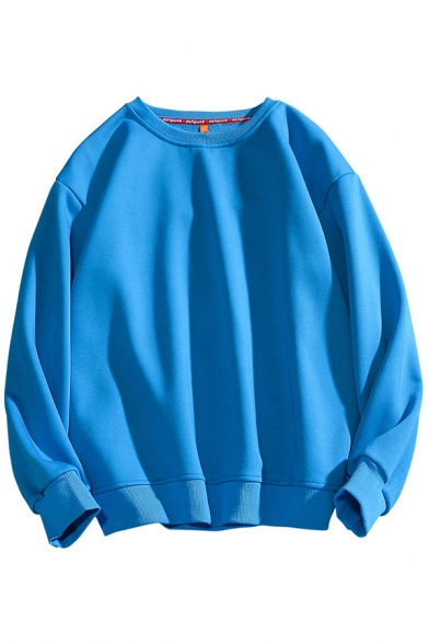 Retro Mens Sweatshirt Solid Color Rib Trim Round Neck Long Sleeve Loose Fit Pullover Sweatshirt