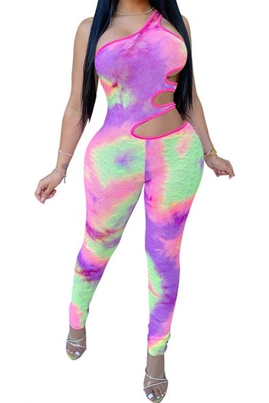 Retro Women's Jumpsuit Tie Dye Pattern Hollow out One Shoulder Slim Fitted Sleeveless Jumpsuit