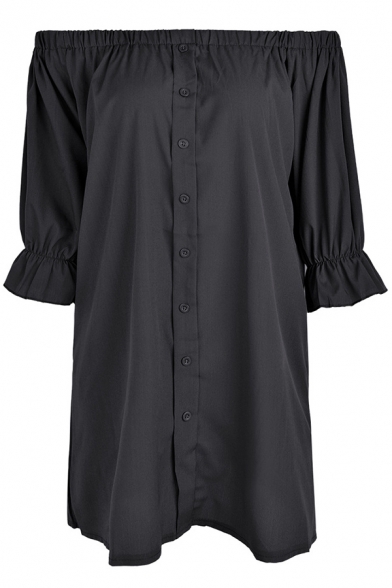 Simple Plain Off The Shoulder Half Sleeve Buttons Down Shirt Mini Dress