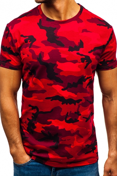 Trendy Men's Tee Top All over Camo Print Crew Neck Short Sleeves Slim Fitted T-Shirt