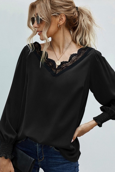 Unique Womens Shirt Stringy Selvedge Lace Patchwork Loose Fitted V Neck Long Sleeve Pullover Shirt