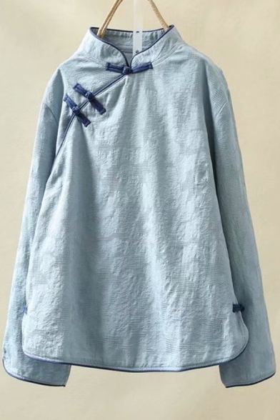 Unique Womens T-Shirt Jacquard Slanting Frog Button Detail Side Split Loose Fitted Mandarin Collar Long Sleeve Cheongsam-Top