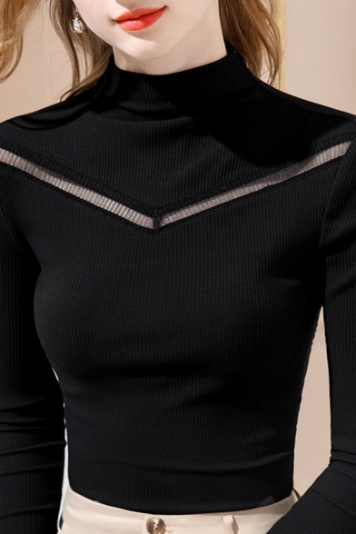 Vintage Womens T-Shirt Mesh Patchwork Mock Neck Long Sleeve Slim Fitted Bottoming T-Shirt