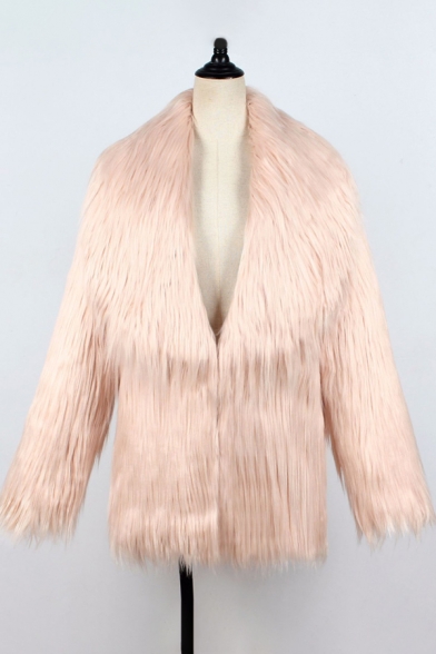 Winter Cozy Solid Color Open Front Long Sleeve Hip-Length Faux Fur Coat