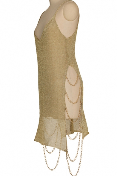 Womens Beach Dress Trendy Cut-out Chain Side Spaghetti Strap Deep V Neck Sleeveless Slim Fitted Mini Slip Dress