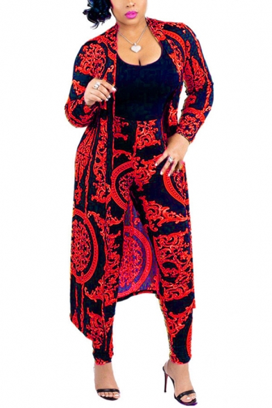 Womens Co-ords Chic Circle Vine Print Slim Fitted 7/8 Length Pants Long Sleeve Maxi Open Front Jacket Co-ords