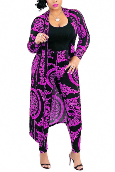 Womens Co-ords Chic Circle Vine Print Slim Fitted 7/8 Length Pants Long Sleeve Maxi Open Front Jacket Co-ords
