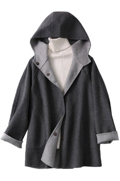Womens Coat Fashionable Large Pockets Double-Face Woollen Button up Hooded Loose Fit Long Sleeve Wool Coat
