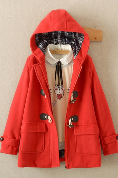 Womens Coat Trendy Plaid-Lined Double Flap Pockets Front Toggle-Button Detail Loose Fit Long Sleeve Hooded Woolen Coat