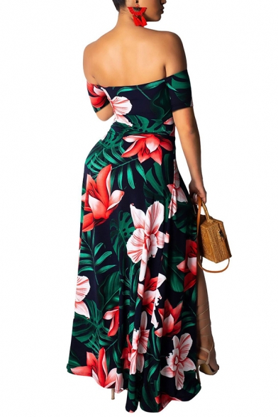 Womens Dress Fashionable Leaf Flower Print Double High Slit Cut-out Front Short Sleeve Maxi Slim Fitted off Shoulder A-Line Swing Dress